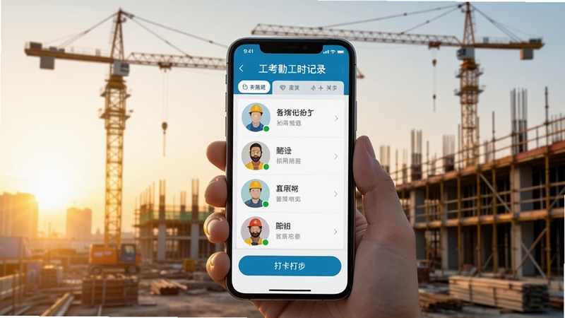 画面中央一部智能手机屏幕亮起,显示工地考勤工时记录软件主界面,界面中有工人头像列表与打卡按钮,背景是清晨的建筑工地,塔吊与脚手架轮廓清晰,暖色晨光从画面左侧照入,整体风格写实明亮,突出工地考勤工时记录的核心使用场景