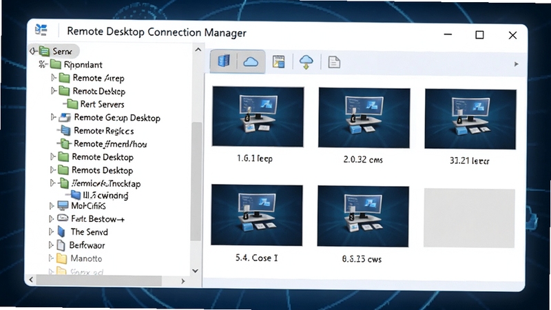 一张展示 Remote Desktop Connection Manager 软件主界面的数字插画,画面中央是软件窗口,左侧树形列表显示多个分组和服务器名称,右侧是多个远程桌面缩略图预览面板,背景为深蓝色科技感渐变,窗口边缘有柔和光晕,整体风格简洁专业,适合软件下载站配图