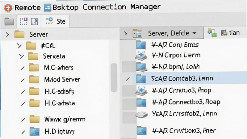 Remote Desktop Connection Manager 软件中左侧树形分组管理面板特写,展示多个彩色文件夹图标和服务器条目,界面干净整洁,突出分组层级结构,背景为浅灰色,适合教程配图