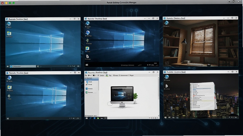 Remote Desktop Connection Manager 多窗口缩略图预览界面,显示六个远程桌面小窗口同时排列在深色背景上,每个窗口显示不同桌面内容,整体具有科技感和秩序感,适合功能介绍配图