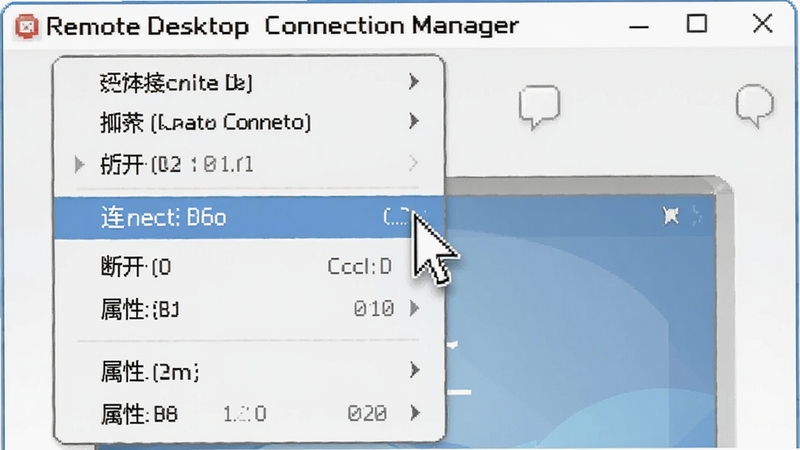Remote Desktop Connection Manager 右键菜单操作界面截图风格插画,展示连接、断开、属性等菜单选项,背景简洁,鼠标指针悬停在连接选项上,适合操作教程配图