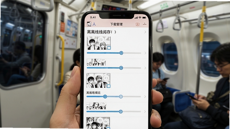 漫画人离线缓存功能展示,手机屏幕显示漫画人APP的下载管理页面,多个漫画章节正在缓存中,进度条清晰可见,背景是地铁或飞机等无网络场景,突出离线阅读的便利性