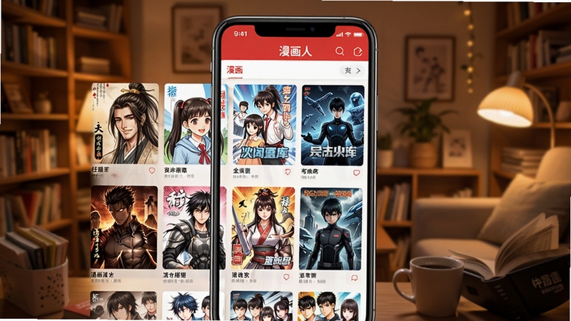 漫画人海量资源库界面,手机屏幕显示漫画人APP的书架页面,书架上排列着各种漫画封面,有古风、校园、科幻等风格,背景是温馨的阅读室环境,突出漫画人资源丰富的特点
