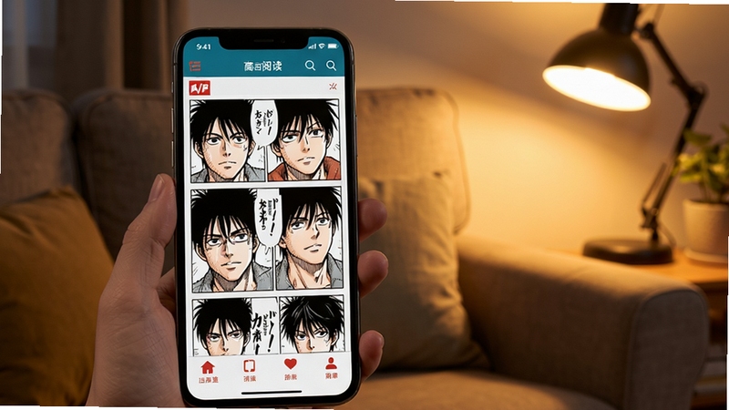 漫画人高清阅读界面,手机屏幕展示漫画人APP的漫画阅读页面,画面清晰细腻,人物线条锐利,背景是舒适的沙发和台灯,营造沉浸式阅读氛围
