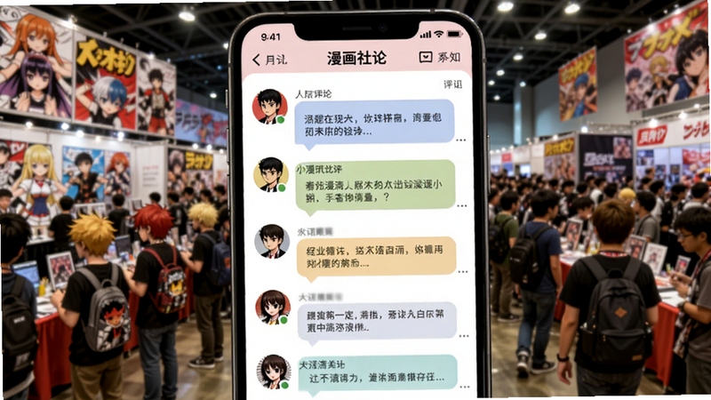 漫画人社区互动界面,手机屏幕展示漫画人APP的评论区,用户头像和评论气泡排列整齐,背景是热闹的漫展现场,体现漫画人社区的活跃氛围