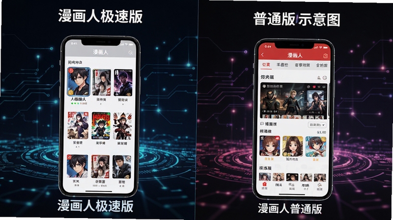 漫画人极速版与普通版对比示意图,左右分屏展示两个手机界面,左侧为漫画人极速版简洁书架,右侧为漫画人普通版丰富社区页面,背景是科技感线条,突出漫画人不同版本差异