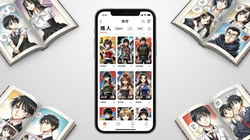 漫画人软件主界面展示,画面中央为手机屏幕,屏幕内呈现漫画人APP的首页推荐漫画封面墙,色彩丰富,背景为浅灰色渐变,手机周围散落几本翻开的漫画书,整体风格清新明亮,适配Boogu模型生成