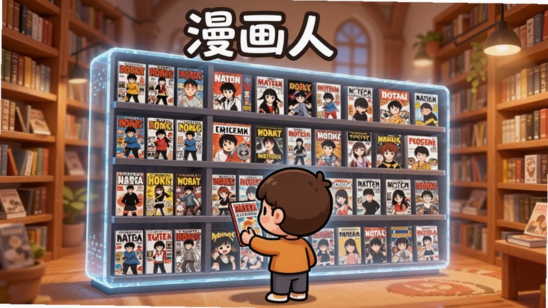 漫画人海量漫画资源库场景,画面主体为一面巨大的虚拟书架,书架上排列着各种漫画封面,书架前有一个卡通人物正在挑选漫画,背景为温暖的图书馆色调,突出漫画人软件名称,适配Boogu模型生成