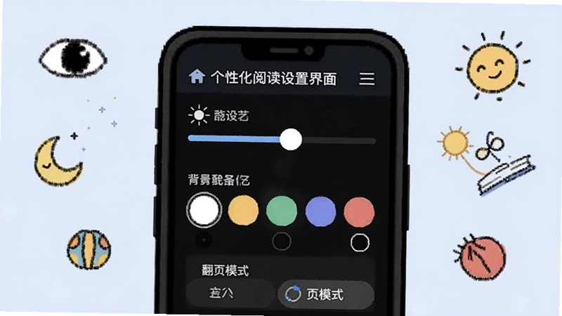 漫画人个性化阅读设置界面,画面中央为手机屏幕展示亮度调节滑块、背景颜色选择器和翻页模式选项,周围环绕着眼睛、月亮、太阳等小图标,背景为柔和的浅蓝色,适配Boogu模型生成