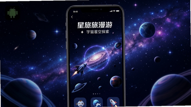 星旅漫游 宇宙星空探索 手机应用界面展示 深邃太空背景 璀璨星河 星球漂浮 科技感光效 蓝色紫色渐变色调 高清细节 适合安卓应用商店宣传图
