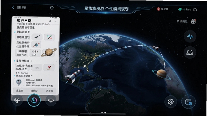 星旅漫游 个性化航线规划 地球到比邻星 航线轨迹图 旅行日志 星际导航界面 手机应用截图 科技感UI