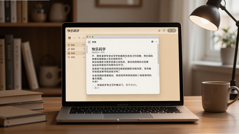 快乐码字专注写作模式界面,画面主体是一台笔记本电脑屏幕,屏幕上显示快乐码字编辑窗口,窗口内文字排列整齐,背景为温暖的米黄色护眼色调,周围环境是安静的书房,整体氛围专注宁静