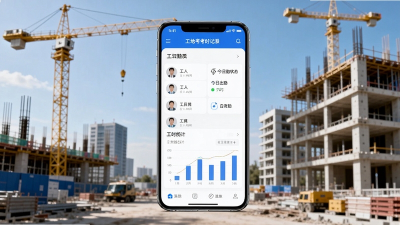 软件核心全貌展示,画面中央是一部智能手机,屏幕上清晰显示工地考勤工时记录应用的主界面,包含工人列表、今日出勤状态和工时统计图表,背景为现代化的建筑工地场景,有塔吊和正在施工的楼体,整体色调明亮,突出科技感与实用性,适配Boogu模型生成