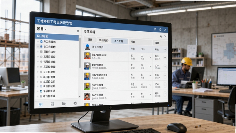 工地考勤工时记录软件多项目管理界面,屏幕左侧显示项目列表,右侧显示对应项目的工人考勤详情,背景为建筑工地办公室环境,突出管理高效性,适配Boogu模型生成