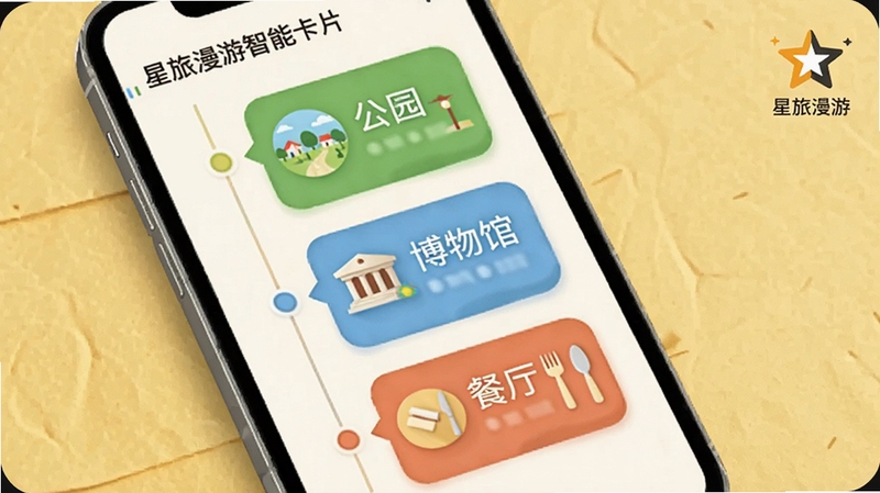 星旅漫游智能行程卡片功能界面,手机屏幕中显示一条纵向时间轴,上面排列着三个彩色地点卡片,分别标注着公园、博物馆、餐厅,背景是淡黄色纸质纹理,画面右上角有星旅漫游的星形logo水印,整体风格温暖明快