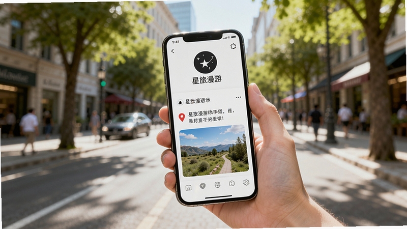 星旅漫游旅途记录功能场景图,画面中一只手拿着手机,屏幕显示正在添加一条带位置标签的文字记录,背景是阳光下的城市街道与绿树,手机界面有星旅漫游的星轨图标,整体色调明亮自然,突出随手记录的便捷感