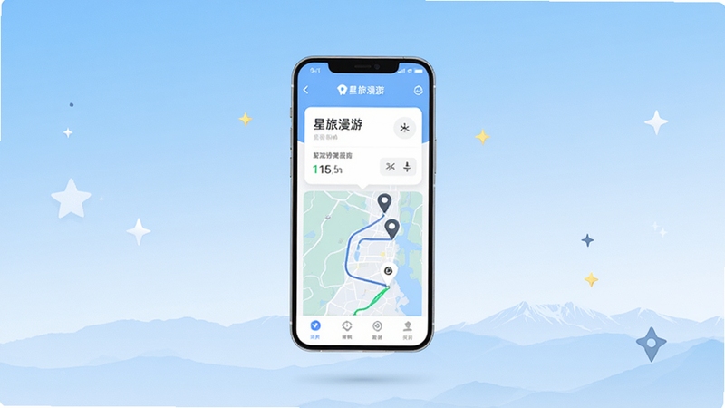 星旅漫游应用主界面全景展示,画面中央悬浮一部智能手机,屏幕内呈现星旅漫游的行程卡片与地图标记,背景为柔和的浅蓝色渐变天空与远山轮廓,整体风格清新简约,适合作为软件下载站头图,细节包含路线线条、定位图标与星形装饰元素