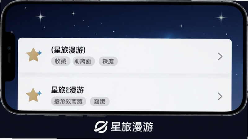 星旅漫游离线收藏功能展示图,手机屏幕呈现一个收藏列表,每条项目左侧有星形图标,右侧是地点名称与标签,背景为深蓝色星空渐变,点缀细小星光,画面下方有星旅漫游文字标识,整体风格安静沉稳,体现离线可用的安全感