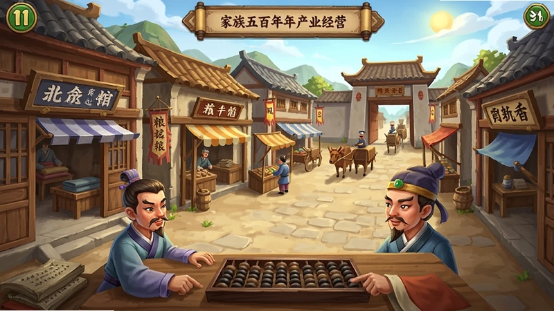 家族五百年 产业经营界面截图,画面展示古代集市街道两侧分布着布庄、粮铺、药房等家族产业,账房先生正在拨算盘记录收支,远处有商队进出城门,阳光明媚,色彩温暖,国风经营游戏场景
