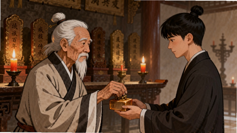 家族五百年 世代传承界面展示图,画面中一位白发苍苍的老族长正将家族印章交给年轻继承人,背景是祠堂内排列整齐的祖先牌位,烛光摇曳,氛围庄重肃穆,国风写实插画风格