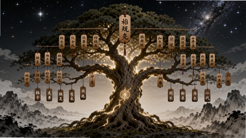 家族五百年 族谱树状图界面,画面中央是一棵发光的古树,树枝上挂满写着族人名字的木牌,从始祖到最新一代层层展开,背景是星空与水墨山峦,神秘而庄重,适合作为族谱系统展示图