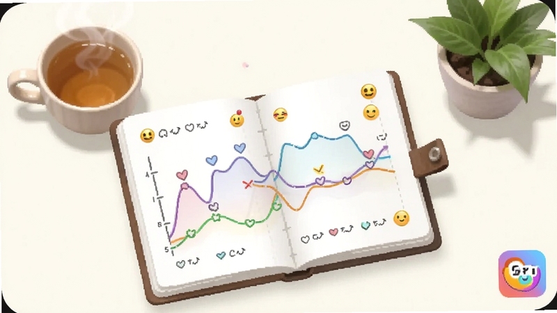 画面中心位置是一本展开的虚拟日记本,页面上显示着彩色心情曲线与表情符号,背景区域为淡雅的米白色桌面,旁边放置着一杯热茶与一盆绿植,整体氛围宁静放松,画面角落带有分手搭子标识,适配Boogu模型生成
