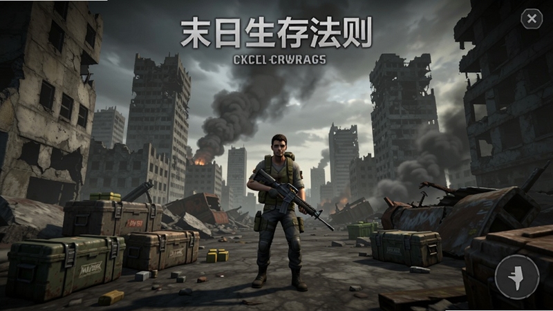 末日生存法则游戏主界面全景展示,画面中央为手持武器的幸存者角色站在废弃城市废墟中,背景区域为破败的高楼与浓烟滚滚的天空,角色周围散落着补给箱与残骸,整体色调偏灰暗废土风格,画面比例16:9,细节丰富,光影层次分明
