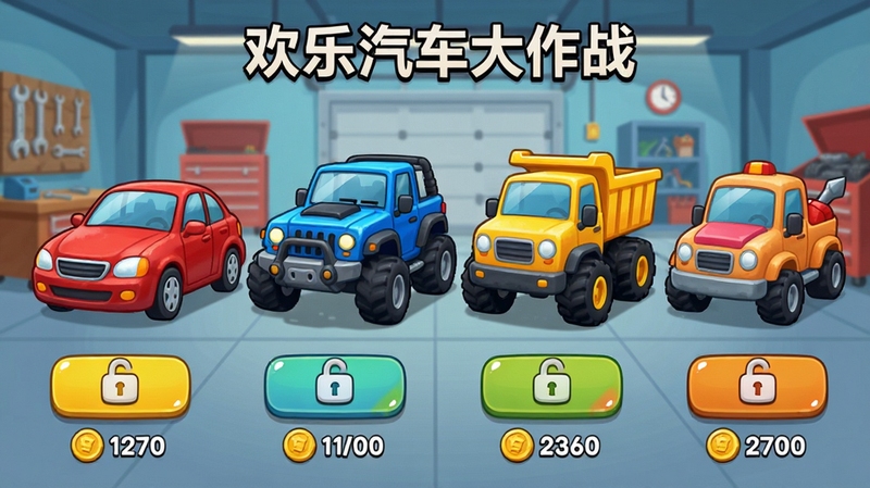 欢乐汽车大作战车辆选择界面,展示一排不同颜色和造型的卡通汽车,包括红色轿车、蓝色越野车、黄色小卡车,每辆车下方有解锁按钮和金币价格标签,背景为车库场景