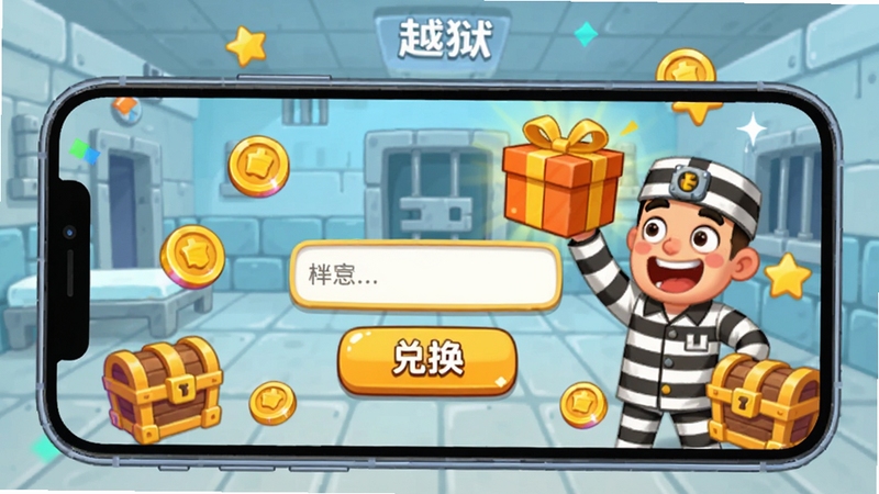 手机屏幕显示越狱大作战游戏主界面,画面中央有一个输入框和兑换按钮,周围散落着金币和宝箱图标,背景是卡通监狱场景,一个囚犯角色正兴奋地举着礼包盒,整体风格明亮欢快,色彩以橙黄和浅蓝为主,突出礼包兑换的喜庆氛围