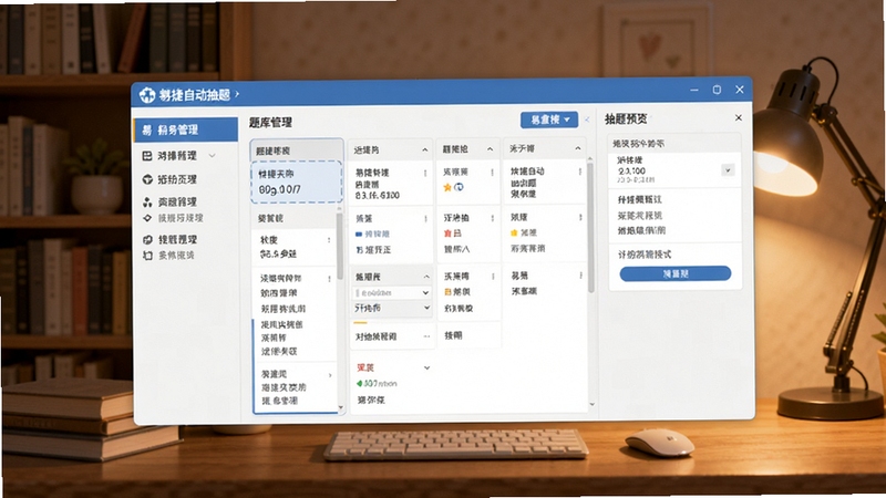 易捷自动抽题出题系统 软件主界面 中央为题库管理面板 左侧功能导航 右侧抽题预览区 背景为书房与电脑桌 暖色台灯光线 扁平化UI风格 高清细节