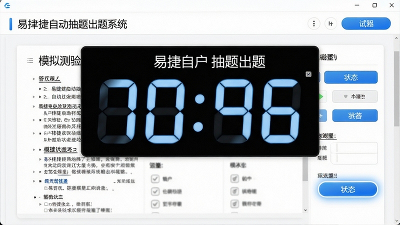 易捷自动抽题出题系统 模拟测验界面 倒计时数字 答题卡状态 试卷布局 清爽白色背景 蓝色高亮按钮 高清细节