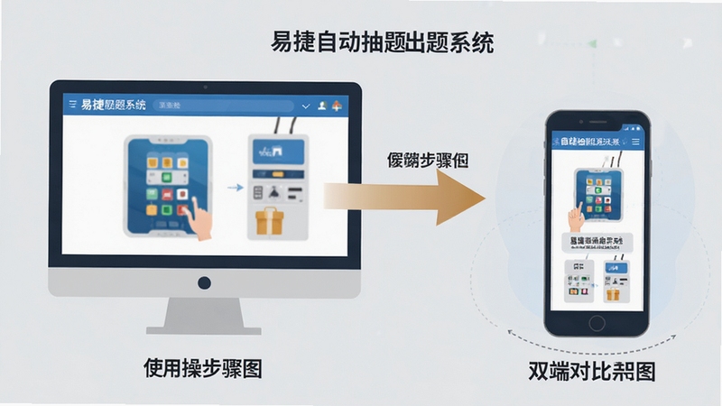 易捷自动抽题出题系统 使用教程示意图 电脑与手机双端对比 操作步骤箭头标注 简洁扁平插画风格 浅灰背景 高清细节