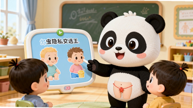 宝宝隐私安全应用内卡通角色在明亮教室中教孩子认识身体隐私部位的互动场景,画面主体为卡通熊猫老师与小朋友,背景为温馨教室,色彩柔和,适合儿童教育风格