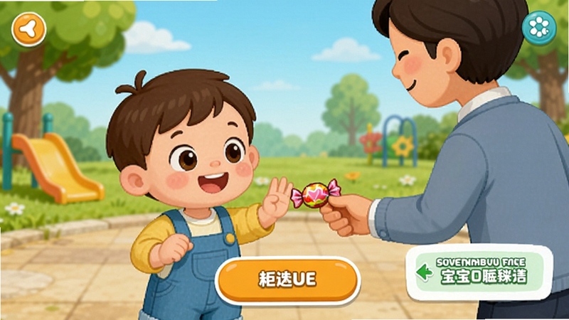 宝宝隐私安全情景模拟界面,卡通小朋友面对陌生人递糖果时选择拒绝的互动画面,背景为公园场景,画面明亮清晰,突出选择按钮与反馈提示