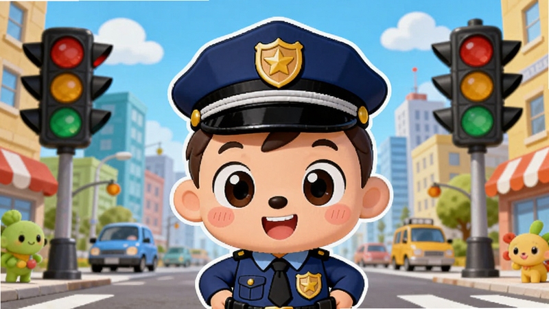 宝宝小警察 卡通封面图,画面中央是穿着蓝色警服的奇奇警官,背景是繁华的城市街道和红绿灯,整体色调明亮活泼,适合低龄儿童审美,高清矢量插画风格