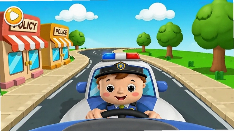 宝宝小警察 模拟驾驶警车巡逻场景,画面展示一辆卡通警车在弯曲的城市道路上行驶,道路两旁有商店和树木,天空中有白云,第一人称视角,色彩鲜艳,适合儿童游戏界面