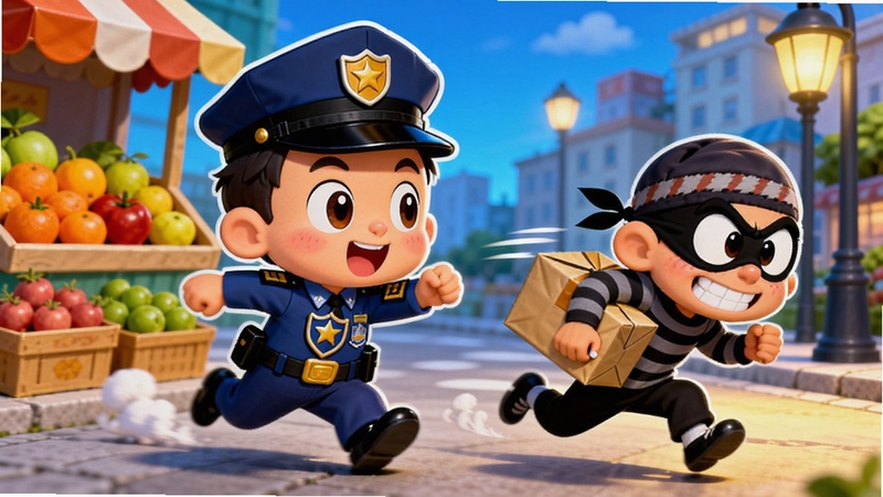 宝宝小警察 抓小偷游戏场景,画面中奇奇警官在街道上追赶一个拿着包裹的卡通小偷,背景有水果摊和路灯,动态感强,颜色对比鲜明