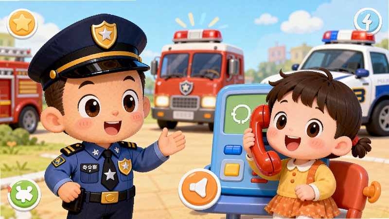宝宝小警察 安全知识互动界面,画面左边是奇奇警官在讲解安全知识,右边是卡通小朋友在模拟拨打求助电话,背景有消防车和警车元素,整体风格温馨教育