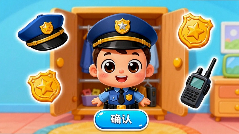 宝宝小警察 角色装扮界面,展示奇奇警官站在衣柜前,周围漂浮着各种警察装备如警帽、徽章、对讲机,界面下方有确认按钮,卡通可爱风格,高饱和度色彩
