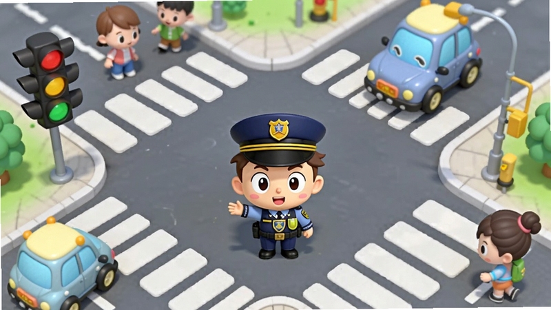 宝宝小警察 交通指挥中心游戏画面,展现一个繁忙的十字路口,有斑马线、红绿灯、卡通小汽车和行人,奇奇警官站在路中央指挥,画面采用俯视视角,色彩柔和