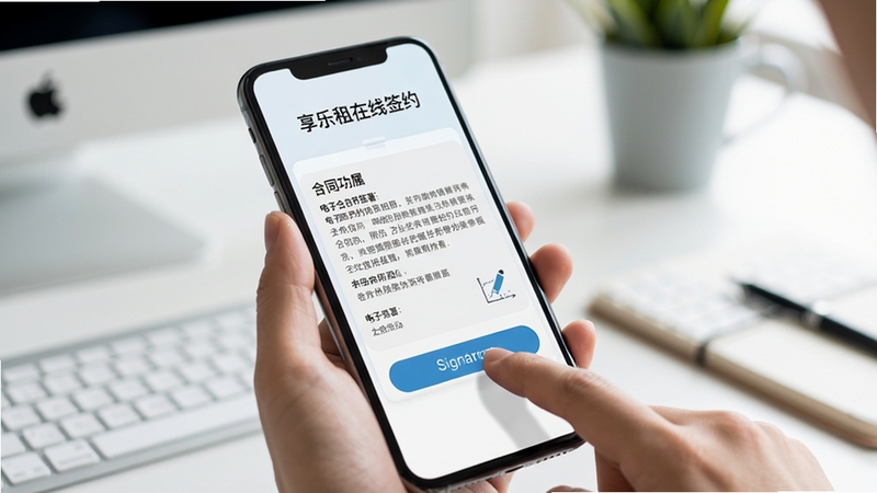 享乐租在线签约功能界面特写,手机屏幕显示电子合同签署页面,画面中有手指点击签署按钮的动作,背景为柔和的办公桌面环境,整体色调清新专业