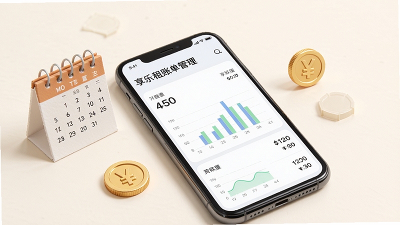 享乐租账单管理页面展示,手机屏幕显示月度账单明细图表,画面中有日历和金币元素点缀,背景为柔和的米白色调,整体风格清新简约