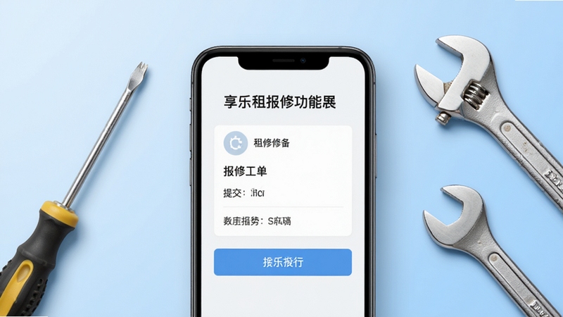 享乐租报修功能界面展示,手机屏幕显示报修工单提交页面,画面中有螺丝刀和扳手等维修工具点缀,背景为简洁的浅蓝色渐变,整体风格干净利落