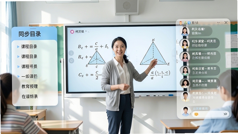 同步课堂-柯灵思名师在线授课场景,画面中央一位教师站在电子白板前讲解数学几何图形,背景是明亮的教室环境,左侧有课程目录浮动面板,右侧有学生弹幕互动区域,整体色调清新柔和,细节丰富,适配教育软件宣传图风格