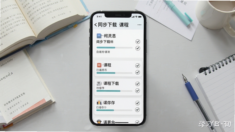 同步课堂-柯灵思离线缓存管理界面,画面展示手机屏幕内课程下载列表,带有进度条和已缓存标识,背景为浅灰色学习桌面,周围有书本和文具点缀,风格简洁实用
