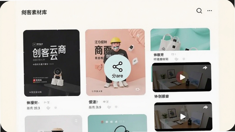 创客云商 商品素材库界面,手机屏幕显示多张商品海报与短视频缩略图,背景为柔和米白色,画面中央有分享按钮图标,整体风格清新简约,突出素材丰富与操作便捷,适配Boogu模型生成