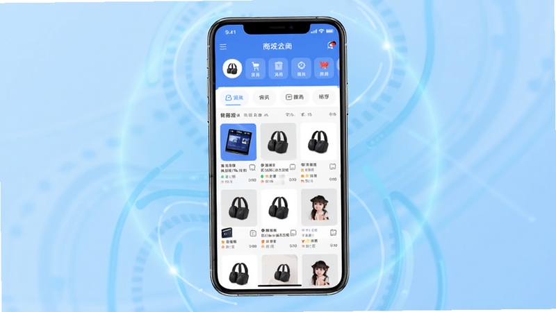 创客云商 移动端应用主界面展示,手机屏幕中央为商城首页与商品推荐瀑布流,背景为浅蓝色渐变科技感光晕,画面简洁明亮,突出社交电商创业氛围,整体构图居中,适配Boogu模型生成