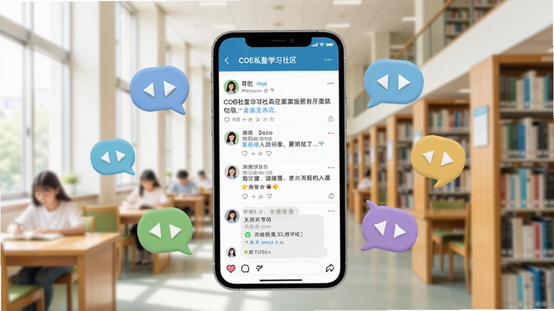 COE私塾学习社区界面展示,画面主体为手机屏幕呈现社区帖子列表与互动评论区,屏幕周围有交流气泡图标环绕,背景为明亮图书馆场景,整体色调清新明快,适配Boogu模型生成