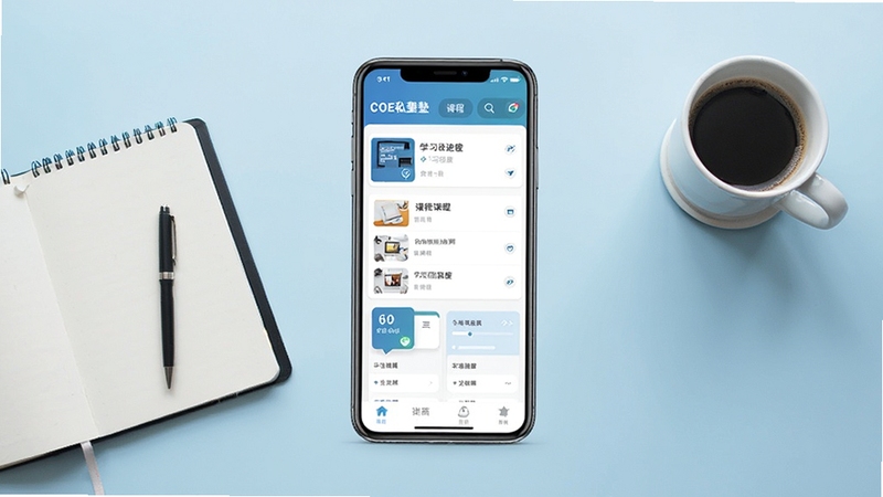 COE私塾软件主界面全貌展示,画面中央为手机屏幕正视图,屏幕内呈现课程列表与学习进度卡片,背景为浅蓝色渐变书桌场景,桌面放置笔记本与咖啡杯,整体风格清新商务,适配Boogu模型生成