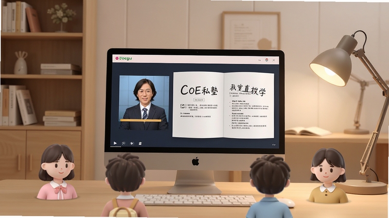 COE私塾直播课堂场景,画面中心为电脑屏幕显示直播教学界面,屏幕内有讲师头像与课件内容,屏幕前方有虚拟学生头像环绕,背景为现代简约书房环境,色调温暖柔和,适配Boogu模型生成